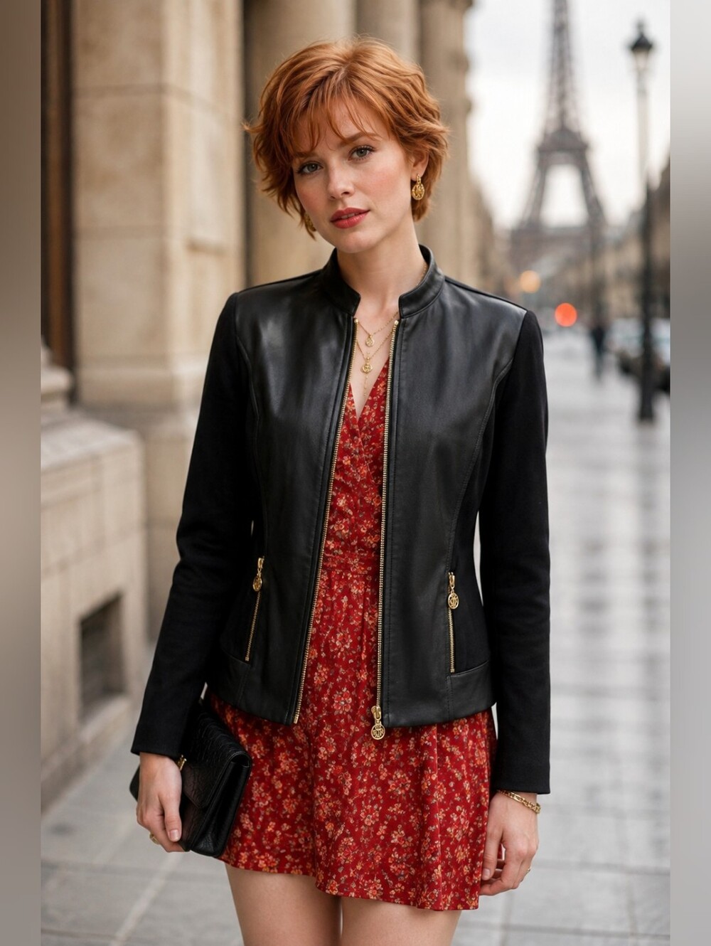 Anne Klein Black Faux Leather Mixed Mediaj Jacket W Gold Zipper Pulls - Size S